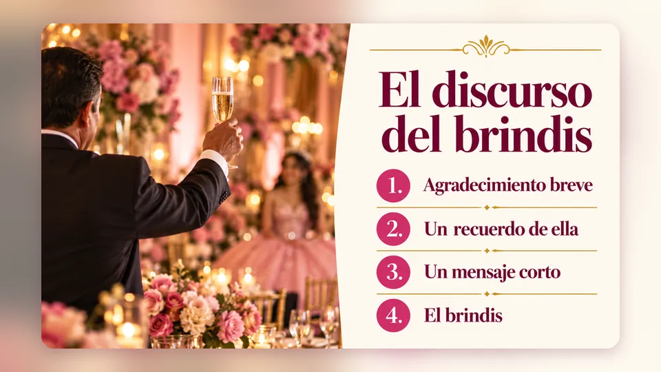 Infografía «El discurso del brindis» con un papá levantando la copa: agradecimiento breve, un recuerdo de ella, un mensaje corto y el brindis