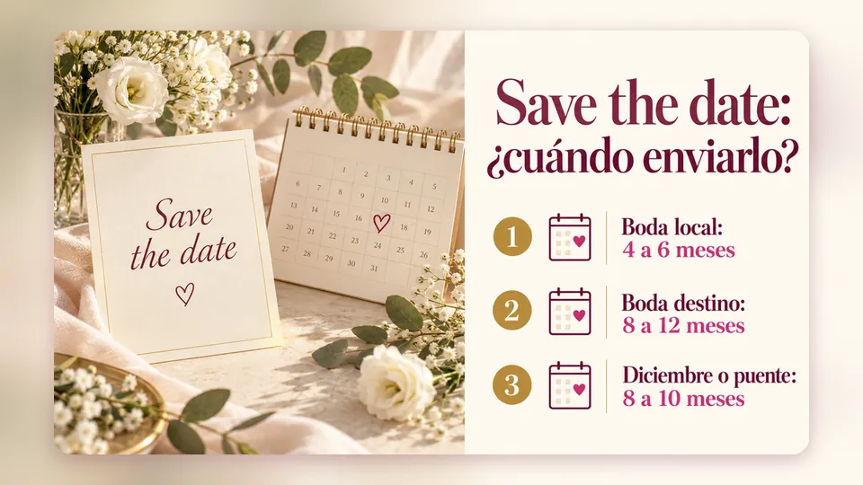 Infografía «Save the date: ¿cuándo enviarlo?»: boda local 4 a 6 meses antes, boda destino 8 a 12 meses y diciembre o puente 8 a 10 meses, junto a una tarjeta y un calendario con el día marcado