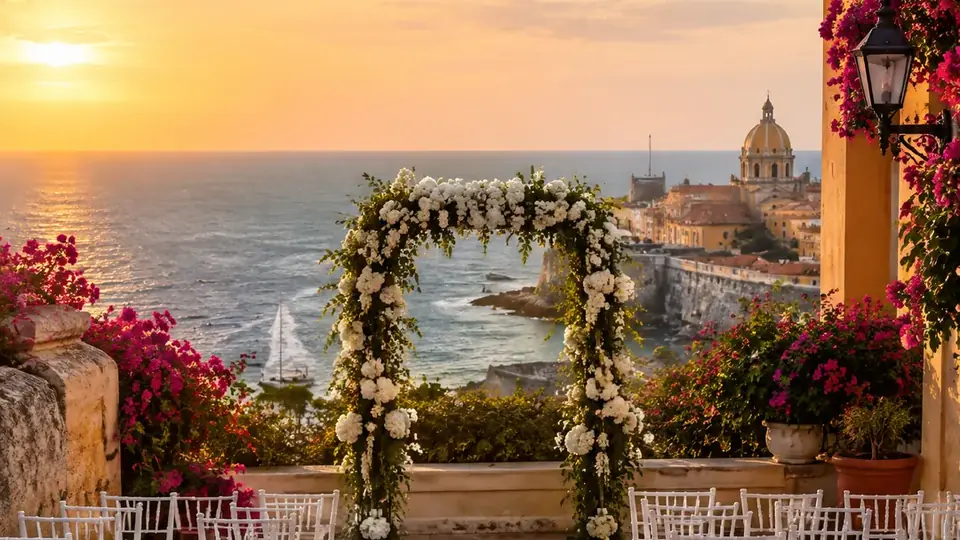 Pasillo de ceremonia con flores frente al mar