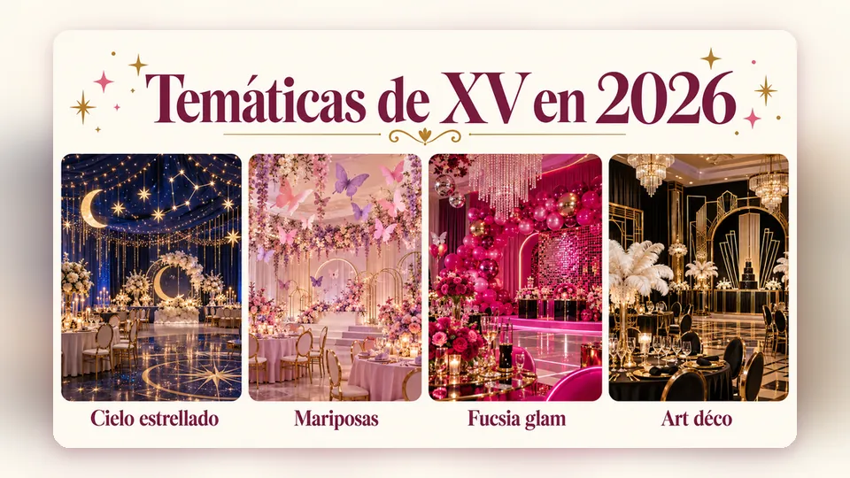 Infografía «Temáticas de XV en 2026» con cuatro decoraciones de salón: Cielo estrellado, Mariposas, Fucsia glam y Art déco