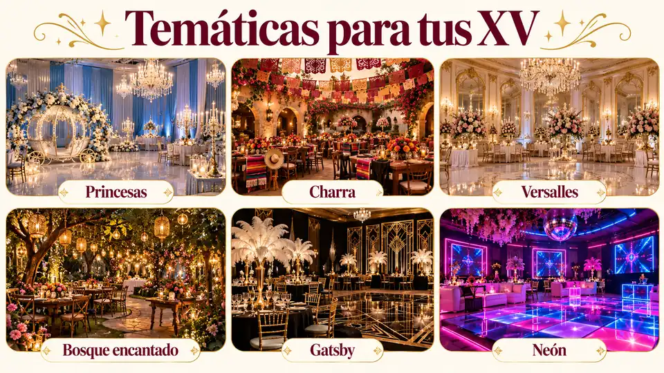 Temáticas para XV años: portada con seis salones decorados, princesas, charra, Versalles, bosque encantado, Gatsby y neón, bajo el título «Temáticas para tus XV»