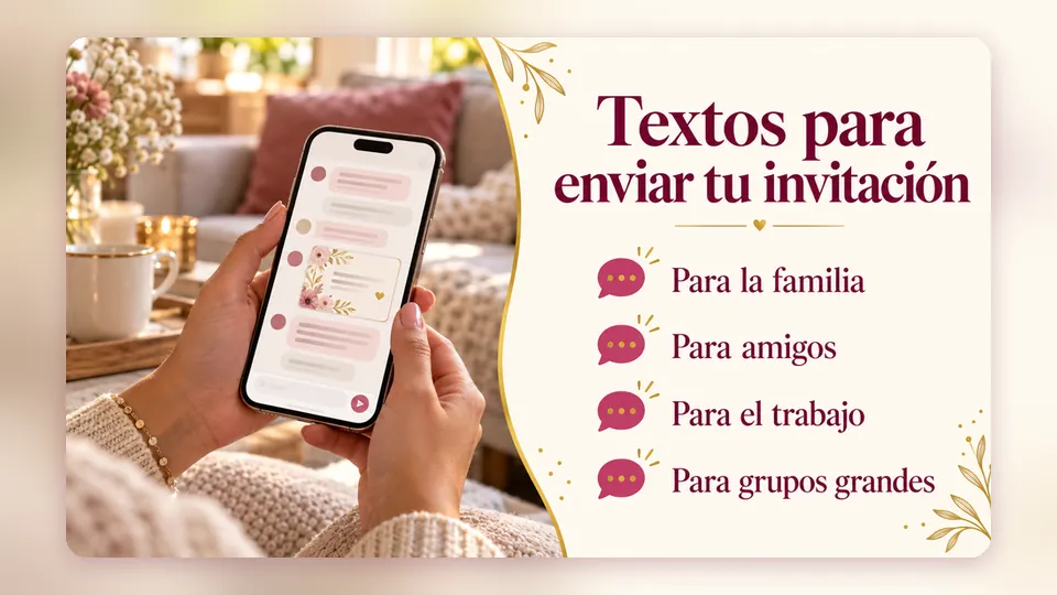 Infografía «Textos para enviar tu invitación»: mensajes para la familia, amigos, el trabajo y grupos grandes, junto a una mano con un celular
