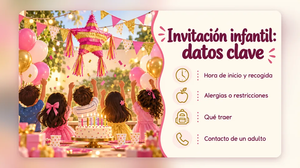 Infografía «Invitación infantil: datos clave» junto a una fiesta con pastel y piñata: hora de inicio y recogida, alergias o restricciones, qué traer y contacto de un adulto