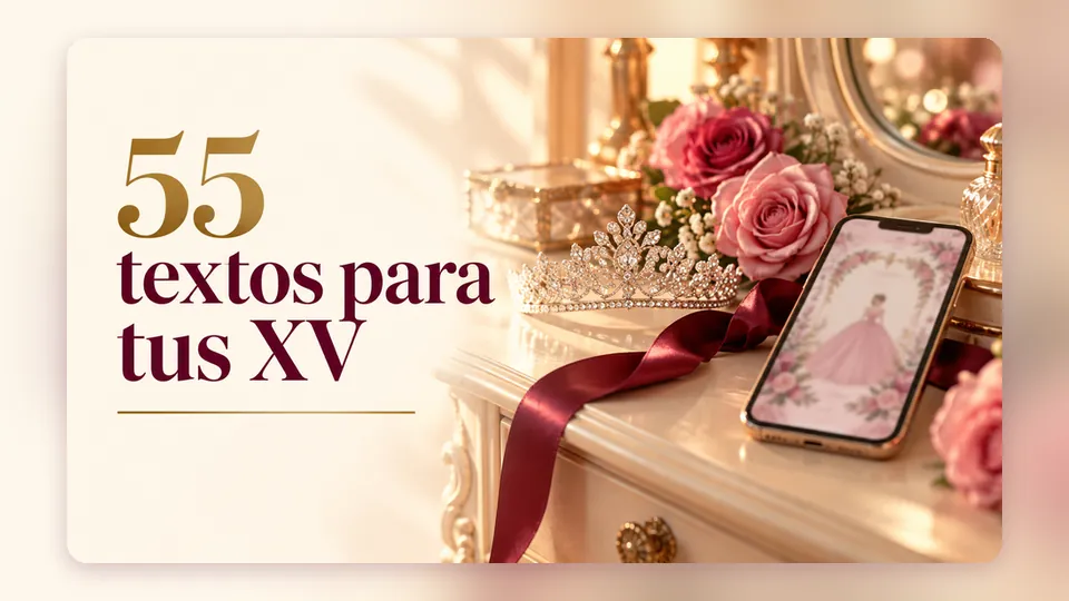 Portada «55 textos para tus XV» con tiara, rosas y un celular con una invitación de quince años