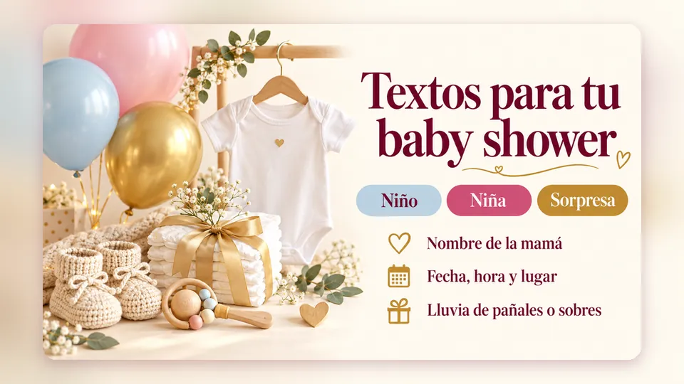 Infografía «Textos para tu baby shower» con zapatitos, body de bebé, pañales y globos; etiquetas niño, niña o sorpresa y los datos clave: nombre de la mamá, fecha, hora y lugar, lluvia de pañales o sobres