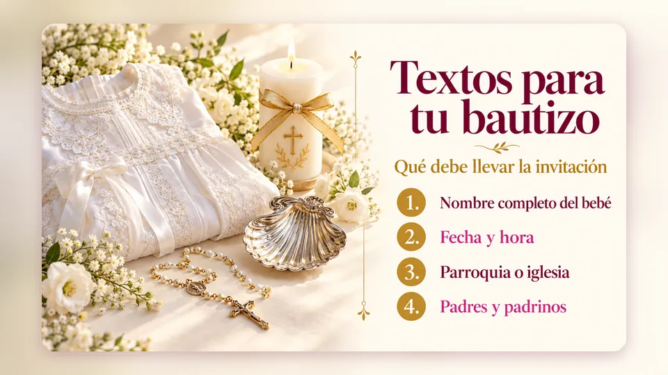 Infografía «Textos para tu bautizo» con faldón blanco, vela y concha bautismal, y lo que debe llevar la invitación: nombre completo del bebé, fecha y hora, parroquia o iglesia, padres y padrinos