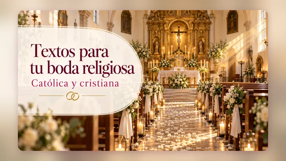 Portada «Textos para tu boda religiosa, católica y cristiana» sobre el interior de una iglesia colonial decorada con flores blancas y velas para una boda