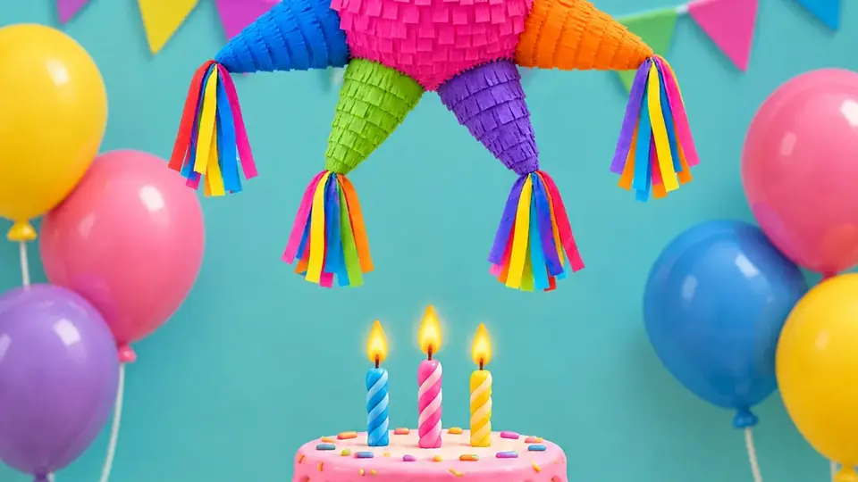 Pastel de cumpleaños con globos de colores