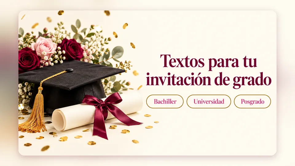 Portada «Textos para tu invitación de grado» con birrete, diploma y flores, y las etiquetas bachiller, universidad y posgrado