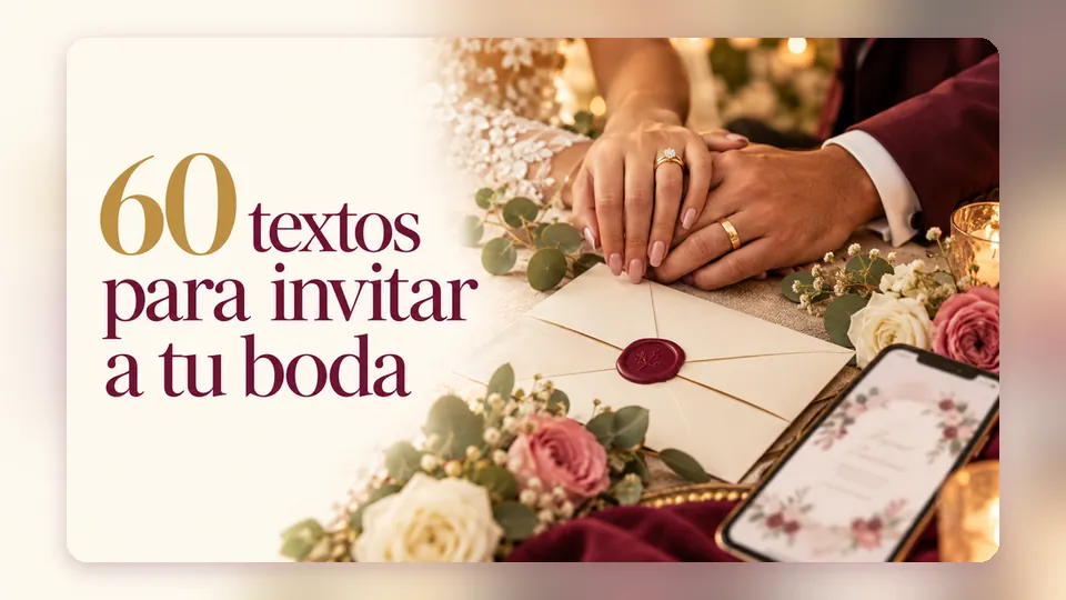 Portada «60 textos para invitar a tu boda» con manos de una pareja con argollas sobre una invitación de matrimonio