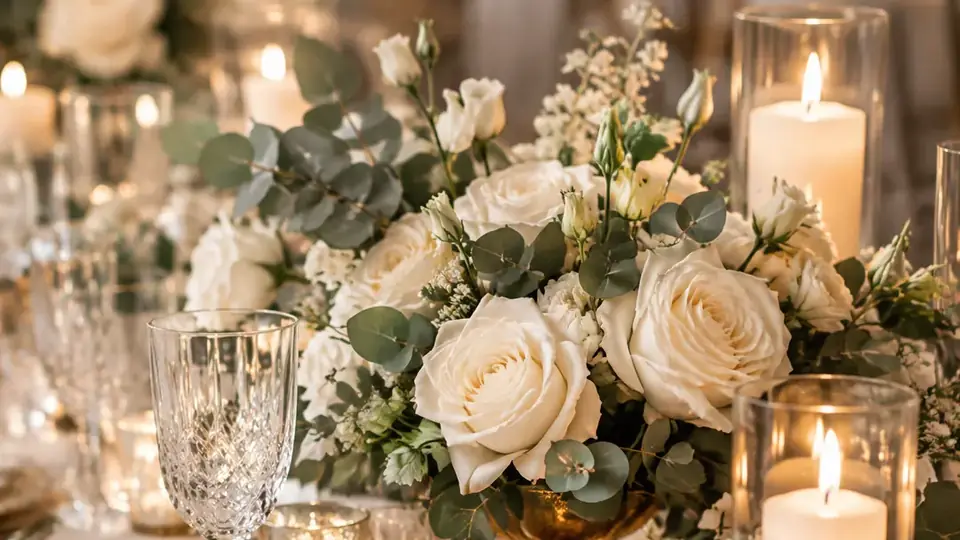 Mesa de boda con velas y flores blancas