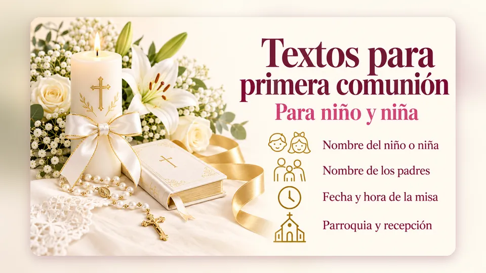 Infografía «Textos para primera comunión, para niño y niña» con vela, rosario y lirios blancos, y los datos de la invitación: nombre del niño o niña, padres, fecha y hora de la misa, parroquia y recepción
