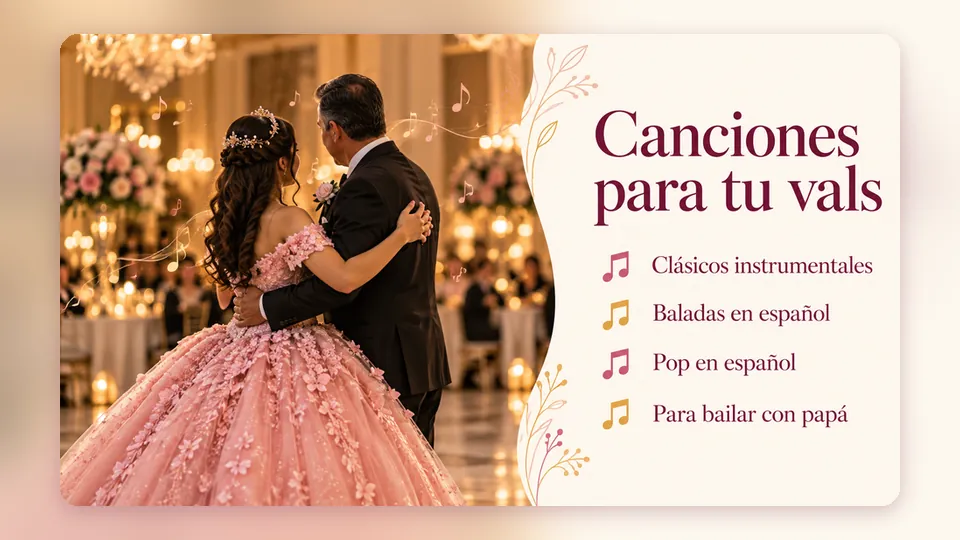 Infografía «Canciones para tu vals» con una quinceañera bailando con su papá: clásicos instrumentales, baladas en español, pop en español y para bailar con papá