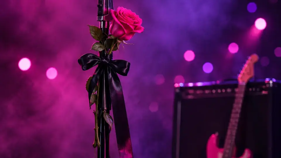 Micrófono en un escenario con luces rosadas