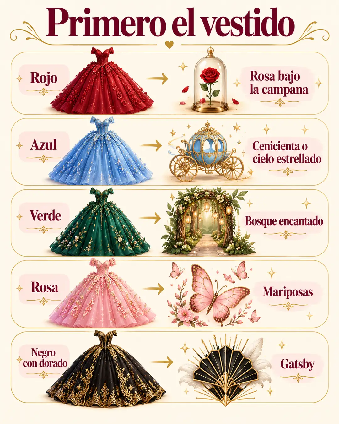 Temáticas para XV años según el color del vestido: rojo con la rosa bajo la campana, azul con Cenicienta o cielo estrellado, verde con bosque encantado, rosa con mariposas y negro con dorado con Gatsby