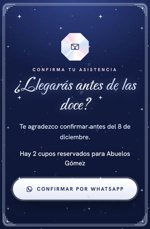 Sección «Confirma tu asistencia» de una invitación de XV años con el texto «Hay 2 cupos reservados para Abuelos Gómez» y el botón para confirmar