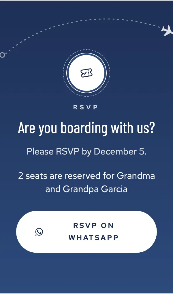 Online invitations with RSVP: the RSVP section of a Boarding Pass wedding invitation saying 2 seats are reserved for Grandma and Grandpa Garcia, with the button to reply