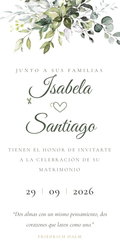 Invitación digital de boda Eucalipto abierta en un celular