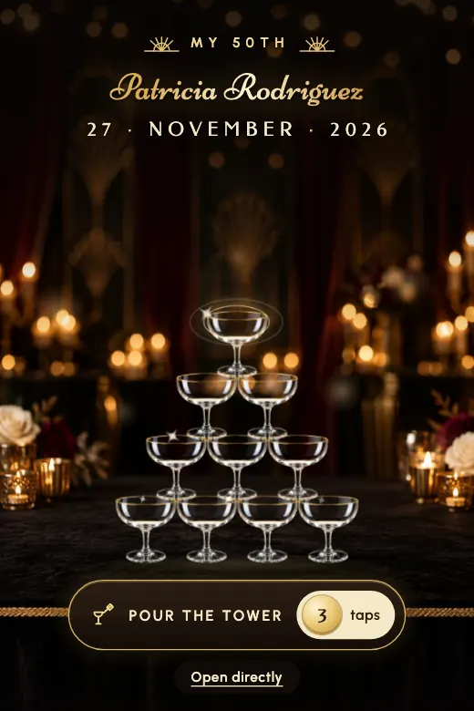 Design Golden Toast — A champagne tower served with three touches and a golden toast · adult birthday, black, champagne, and gold