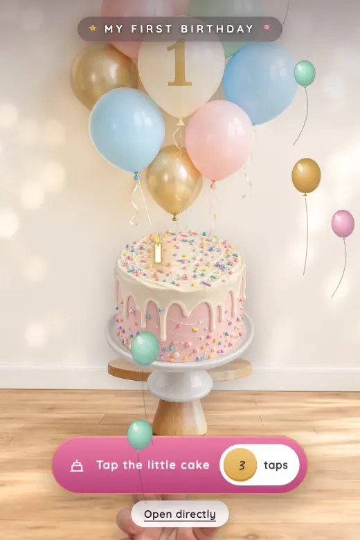 Design Cake Smash — Tap the little cake three times: the hand leaves its print, squashes it, and on the third tap… SMASH! frosting, sprinkles and confetti · baby pink, sky blue, mint, cream and soft gold