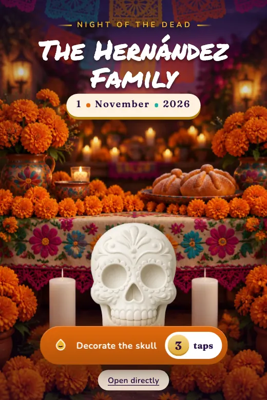Design Sugar Skull — On an altar with candles and marigolds sits a plain white sugar skull: decorate it with three taps, and in the grand finale papel picado falls and petals rain down · cempasúchil orange, magenta, turquoise and yellow over deep purple