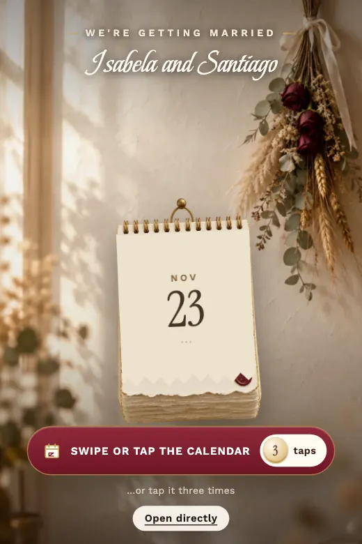 Design Save the Date — A wall calendar is torn off page by page until it reaches the wedding day, with a heart drawn by hand around the date · ivory, ink, wine, and soft gold