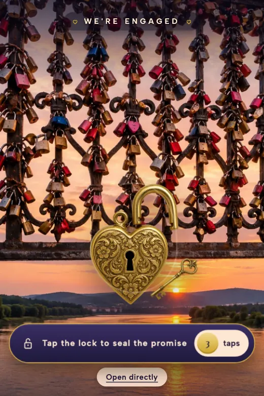 Design Love Lock — A golden padlock on the bridge hangs open: three taps engrave the initials, snap it shut with a click, and the key flies off toward the river · sunset pink, gold, river blue and cream