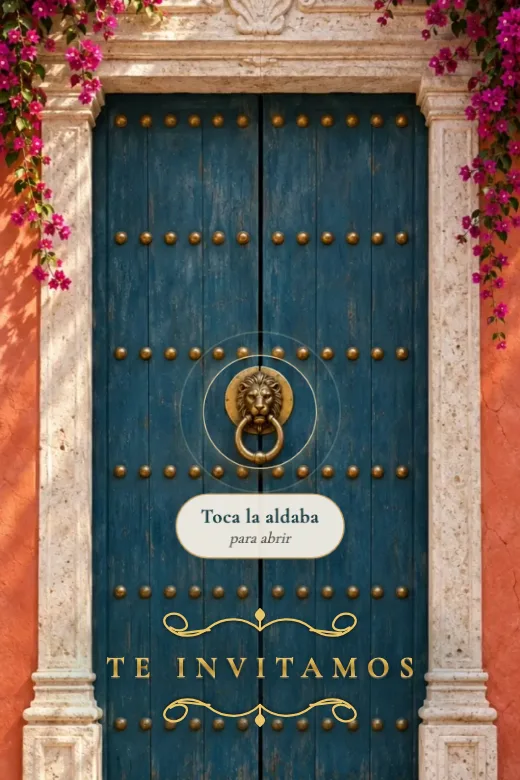 Diseño Puertas de Cartagena — Una puerta colonial de verdad, con aldaba de león y buganvilla, que se abre en video a un patio de Cartagena; rasca el muro para descubrir su foto y abre el cofre