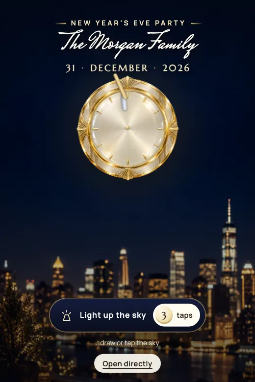 Design Midnight Fireworks — A rooftop at night with a big golden clock: draw or tap the sky and light up the fireworks · deep midnight blue, gold, silver, and champagne