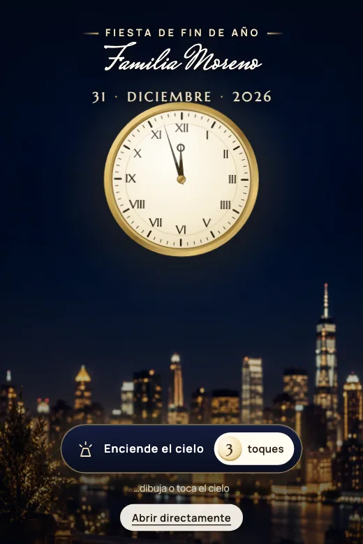 Diseño Fuegos de Medianoche — Una terraza de noche con un gran reloj dorado: dibuja o toca el cielo y enciende los fuegos hasta la medianoche · añil profundo, oro, plata y champaña
