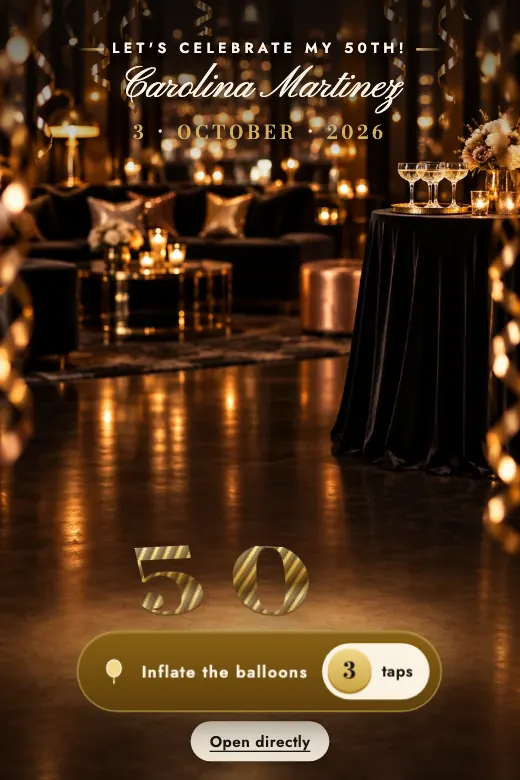 Design Number Balloons — Tap the number balloons: they inflate, float on their ribbons and burst into gold streamers · a gold, black and champagne birthday gala for 18, 30, 40, 50, 60…