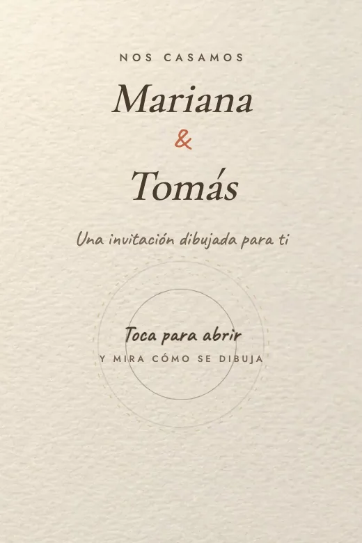 Diseño Hacienda Ilustrada — Papel de acuarela que cobra vida: la ilustración de su hacienda se dibuja sola, con mesa, fuente, buganvilla y luces; postal para voltear y programa que se dibuja al bajar