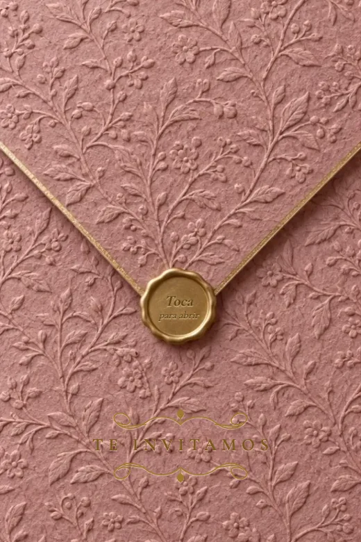 Diseño Jardín Secreto — Un sobre rosa repujado de verdad que se abre en video con un estallido de luz, un jardín que se mueve y un corazón para rascar con el dedo