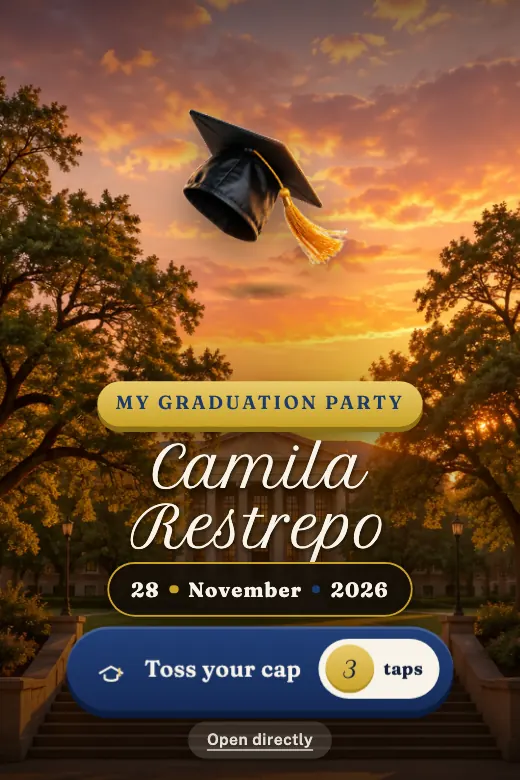 Design Cap Toss — Toss your cap three times with real physics: at the end they all fly and a diploma unrolls with your name · black, gold, university blue and ivory