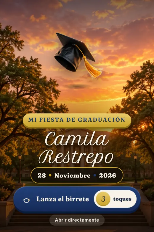 Diseño Lanza el Birrete — Lanza el birrete tres veces con física real: al final todos vuelan y un diploma se desenrolla con tu nombre · negro, dorado, azul universidad y marfil