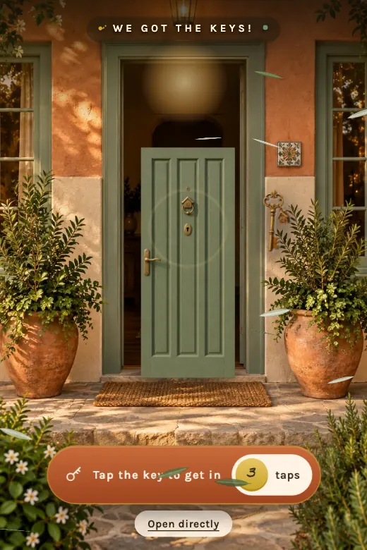 Design New Home — Tap the key: it flies to the lock, turns, and the door opens onto a warm interior · sage green, terracotta and gold