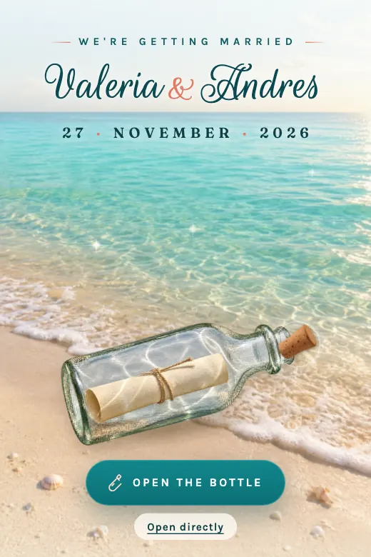 Design Message in a Bottle — A bottle washes up on the shore and unrolls a scroll with your names when opened · turquoise, sand, and coral