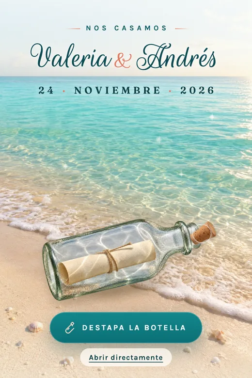 Invitación de bodas digital, diseño Mensaje en la Botella