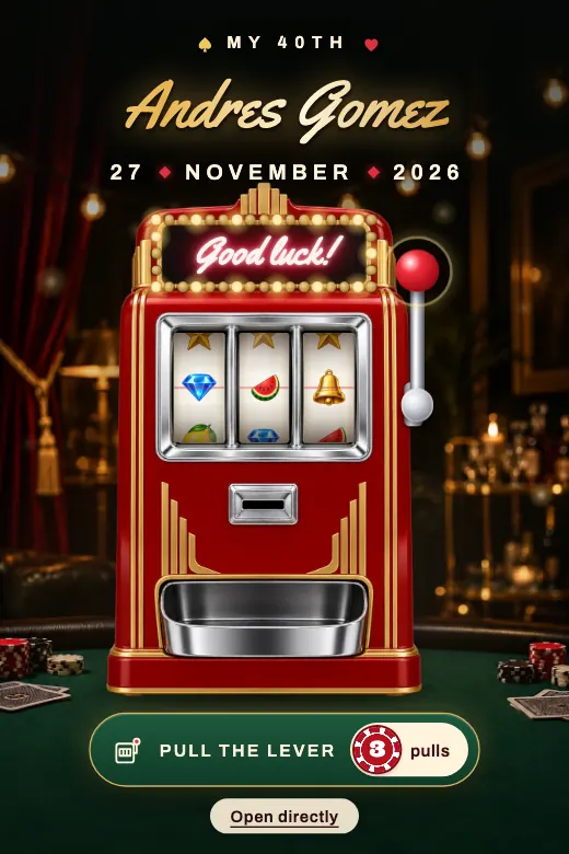 Design Casino Night — A classic slot machine with a light-bulb marquee: on the third spin, 7-7-7 hits the jackpot · felt green, red, black, and gold
