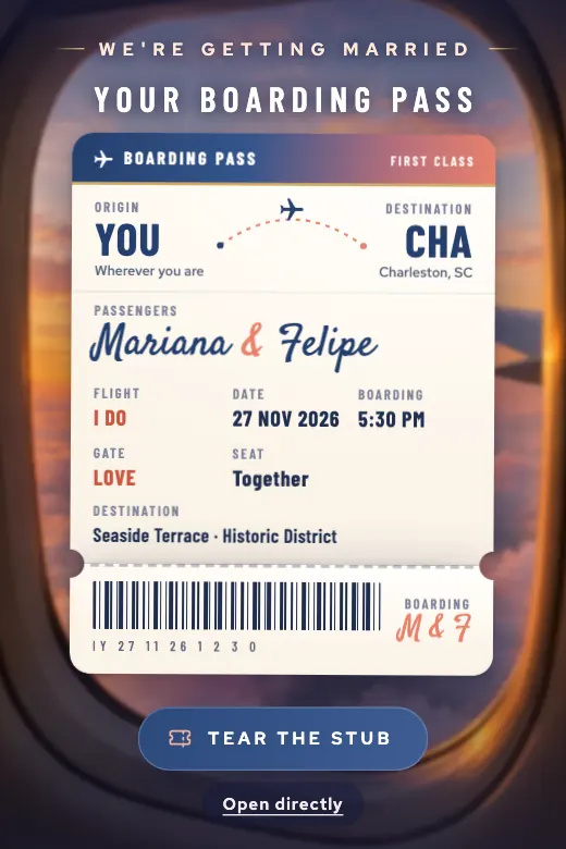 Design Boarding Pass — A boarding pass at the plane window: tear the stub, get stamped "BOARDED," and take off · sunset blue, coral, and gold