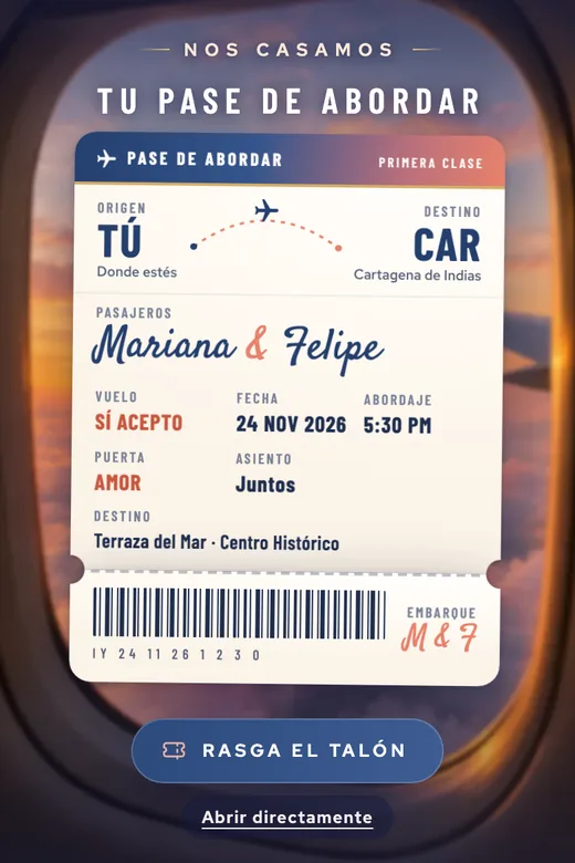 Invitación de bodas digital, diseño Pase de Abordar