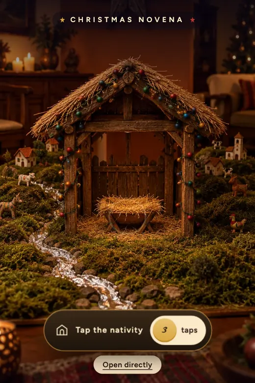 Design Christmas Novena — Tap the nativity three times: Mary and Joseph arrive, then the shepherds and animals with the lights turned on, and in the grand finale Baby Jesus is born and the star lights up · warm wood, moss green, Christmas red and gold