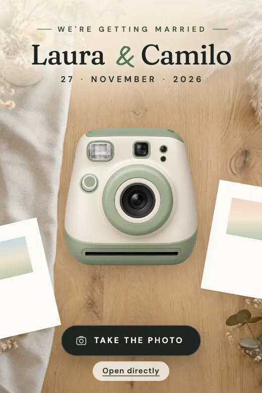 Design Instant Photo — An instant camera on the table: touch it and the photo comes out and develops before your eyes with our names handwritten on it · oak, cream, and sage