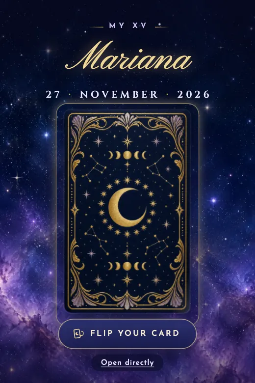 Design Moon Tarot — A tarot card floats in the night sky and flips to reveal the moon and your name · midnight blue, lavender, and gold