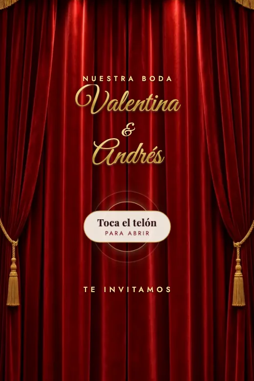 Diseño Gran Teatro — Un telón de terciopelo de verdad que se abre en video a un gran teatro con palcos dorados; adentro, un programa de mano con reflector, actos, etiqueta y aplausos
