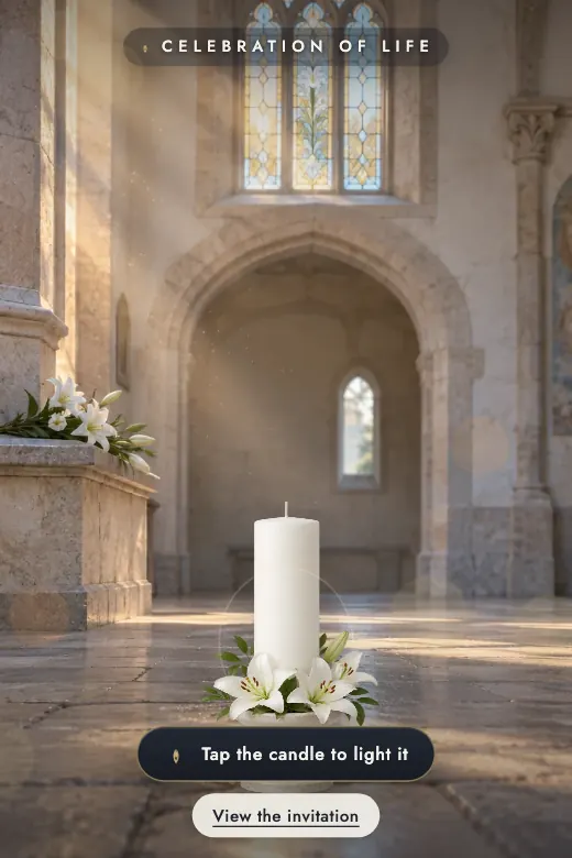 Design Remembrance Candle — Tap the candle and light it with calm: a warm glow fills the scene and the invitation to the Mass in their memory appears · white, pearl grey, soft blue and muted gold